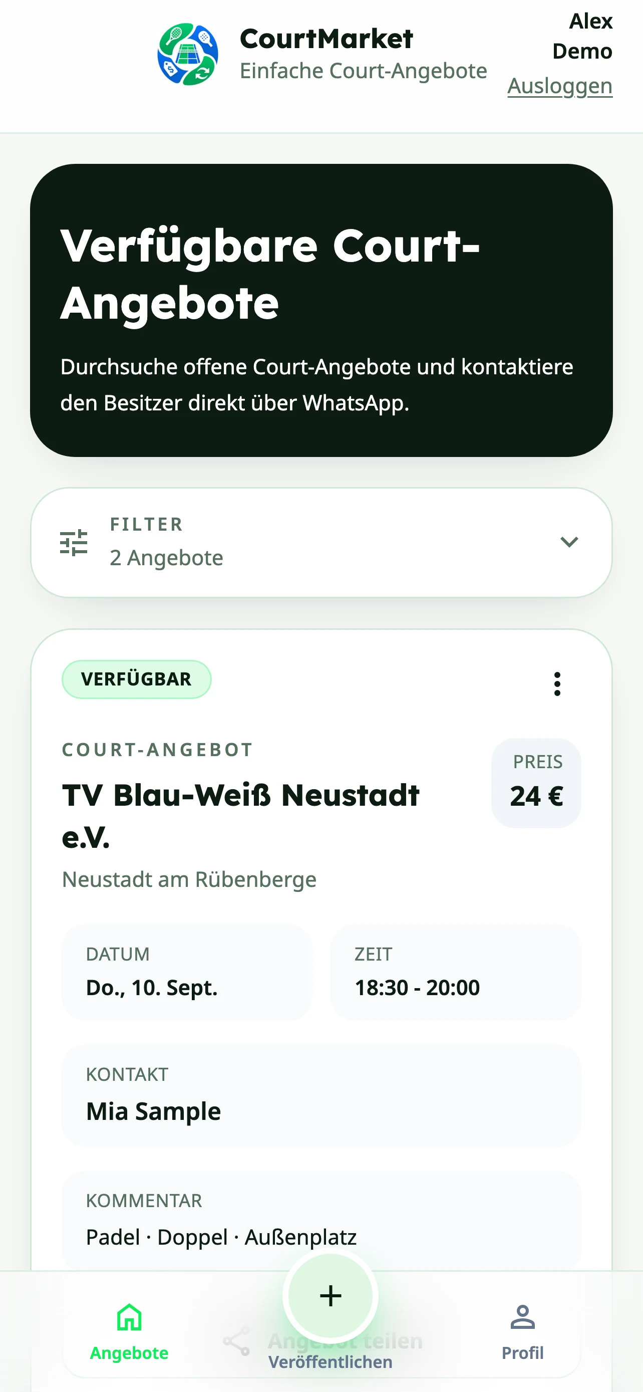 CourtMarket: Court-Angebot für TV Blau-Weiß Neustadt e.V.