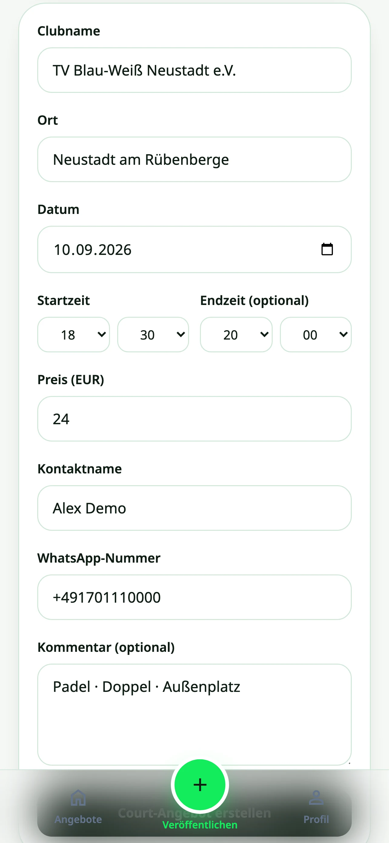 CourtMarket: Court-Slot für TV Blau-Weiß Neustadt e.V. anbieten